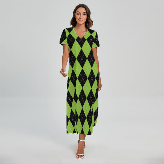 Black And Green Argyle Pattern Print Short Sleeve Maxi Dress