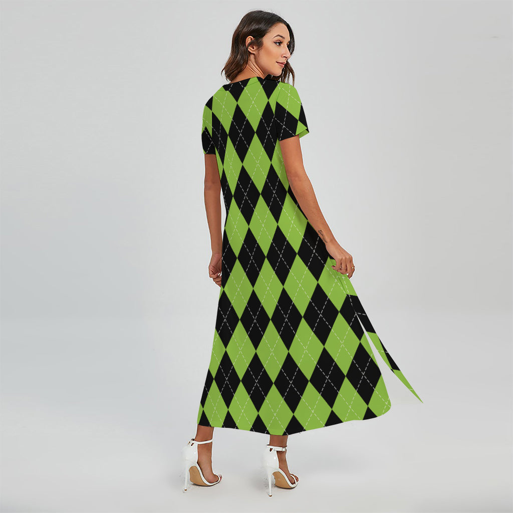 Black And Green Argyle Pattern Print Short Sleeve Maxi Dress