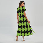 Black And Green Argyle Pattern Print Short Sleeve Maxi Dress