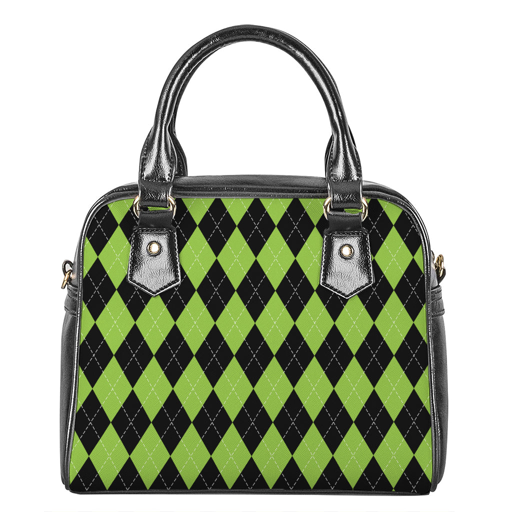 Black And Green Argyle Pattern Print Shoulder Handbag