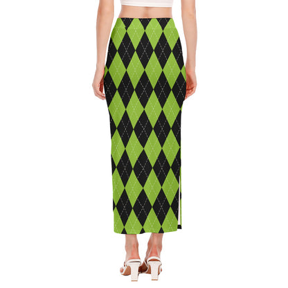 Black And Green Argyle Pattern Print Side Slit Maxi Skirt