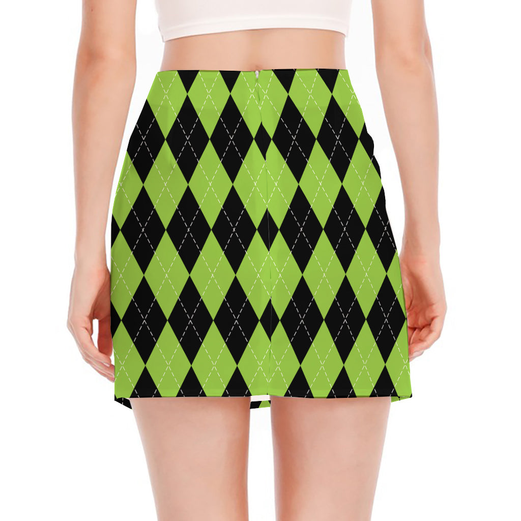 Black And Green Argyle Pattern Print Side Slit Mini Skirt