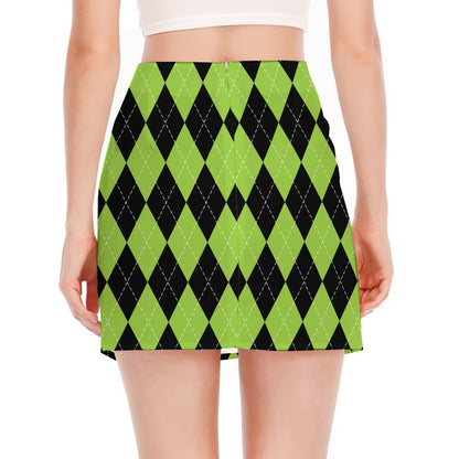Black And Green Argyle Pattern Print Side Slit Mini Skirt
