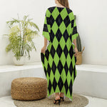 Black And Green Argyle Pattern Print Silk V-Neck Kaftan Dress