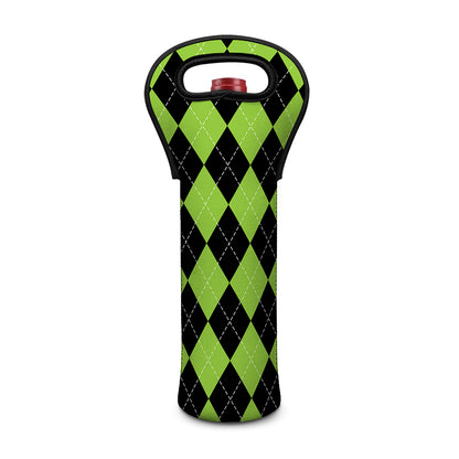 Black And Green Argyle Pattern Print Single Neoprene Wine Tote