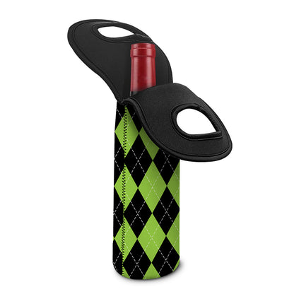 Black And Green Argyle Pattern Print Single Neoprene Wine Tote