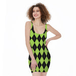 Black And Green Argyle Pattern Print Sleeveless Bodycon Dress