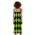Black And Green Argyle Pattern Print Slim Fit Midi Cami Dress