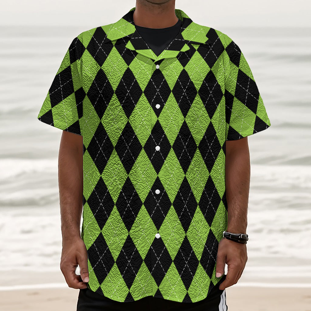 Black And Green Argyle Pattern Print Textured Short Sleeve Shirt