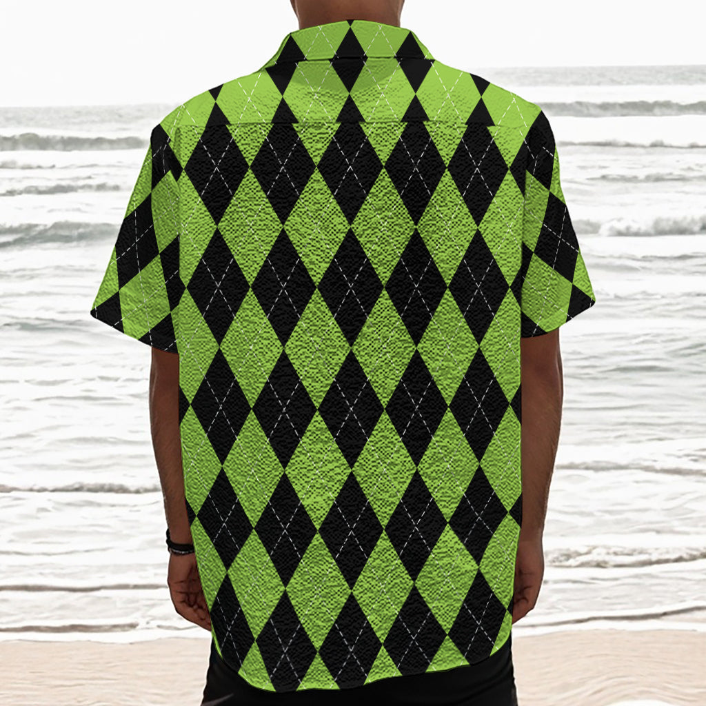 Black And Green Argyle Pattern Print Textured Short Sleeve Shirt
