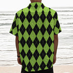 Black And Green Argyle Pattern Print Textured Short Sleeve Shirt