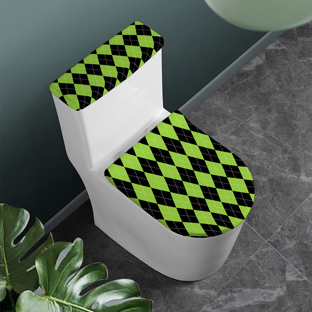 Black And Green Argyle Pattern Print Toilet Lid And Tank Cover Set