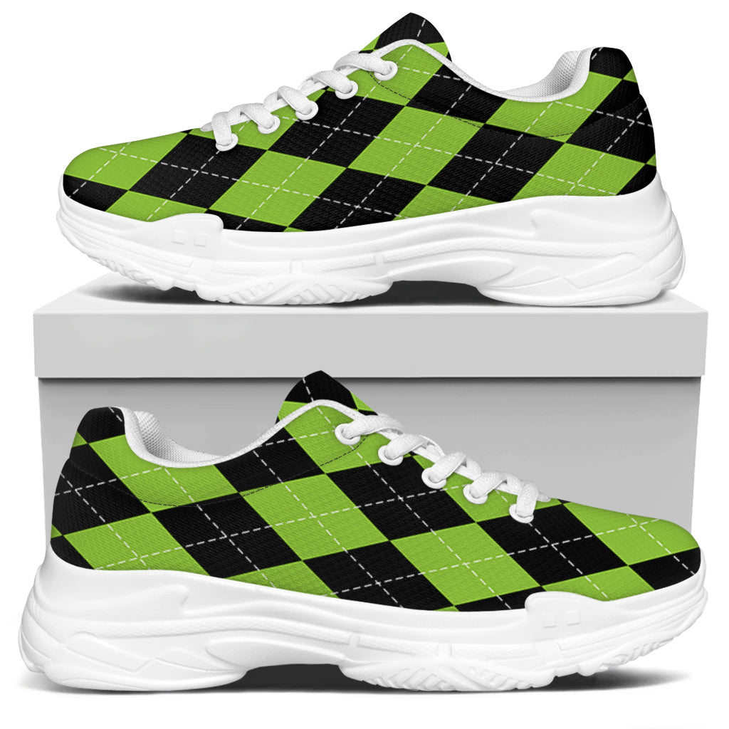 Black And Green Argyle Pattern Print White Chunky Shoes