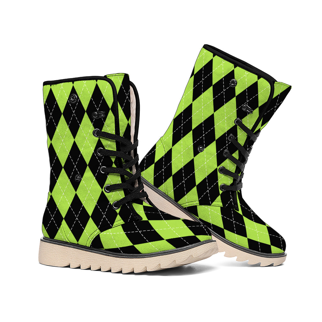 Black And Green Argyle Pattern Print Winter Boots