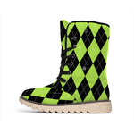 Black And Green Argyle Pattern Print Winter Boots