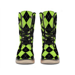 Black And Green Argyle Pattern Print Winter Boots