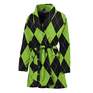 Black And Green Argyle Pattern Print Women's Bathrobe