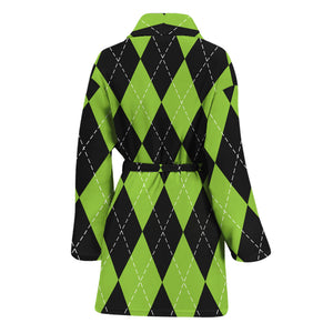 Black And Green Argyle Pattern Print Women's Bathrobe