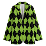 Black And Green Argyle Pattern Print Women's Blazer