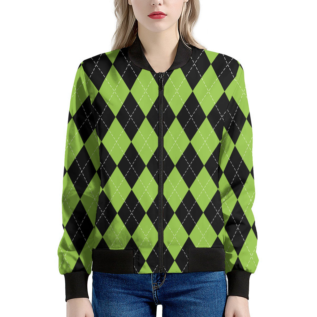 Black And Green Argyle Pattern Print Women's Bomber Jacket