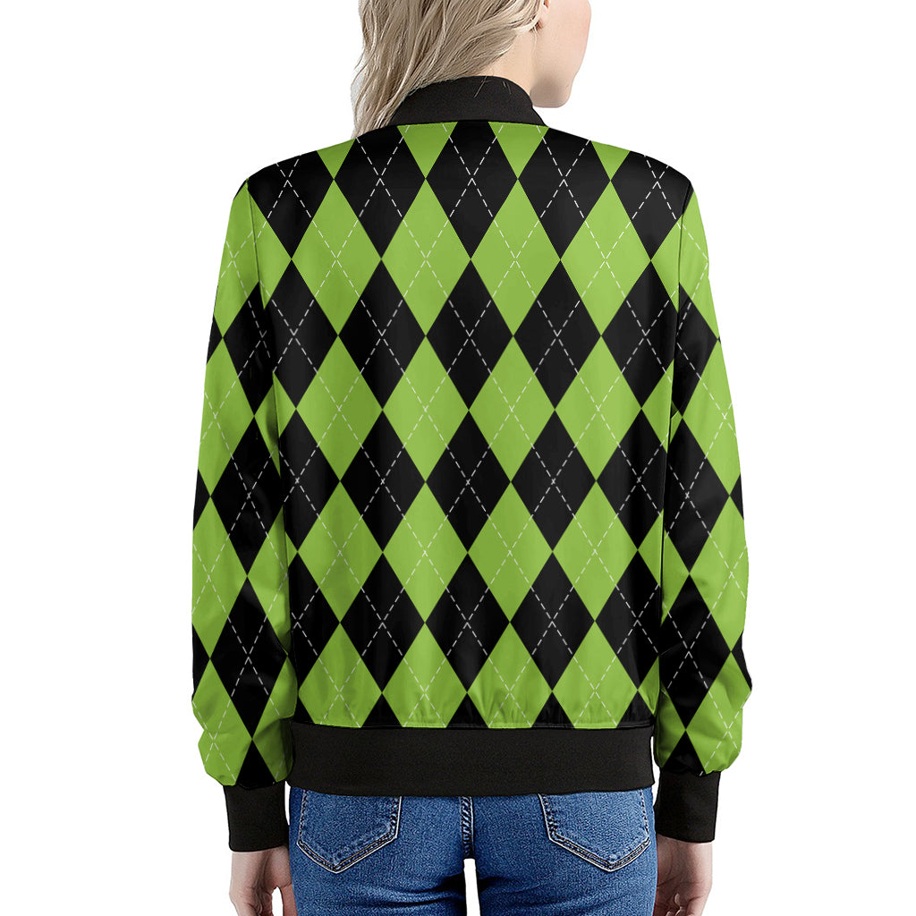 Black And Green Argyle Pattern Print Women's Bomber Jacket