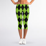 Black And Green Argyle Pattern Print Women's Capri Leggings