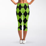 Black And Green Argyle Pattern Print Women's Capri Leggings