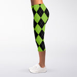 Black And Green Argyle Pattern Print Women's Capri Leggings