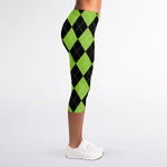 Black And Green Argyle Pattern Print Women's Capri Leggings