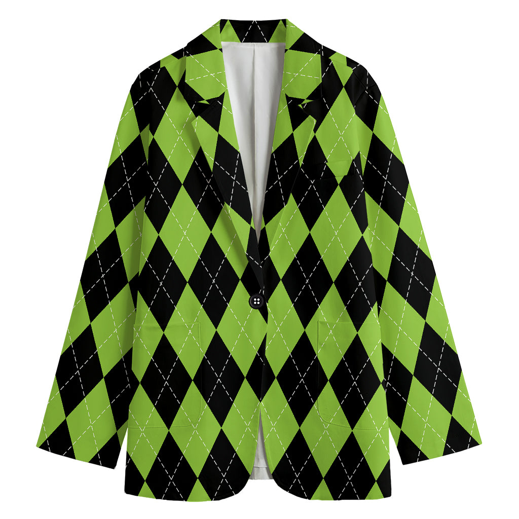 Black And Green Argyle Pattern Print Women's Cotton Blazer