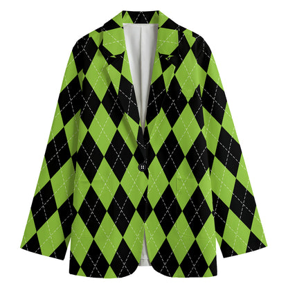Black And Green Argyle Pattern Print Women's Cotton Blazer