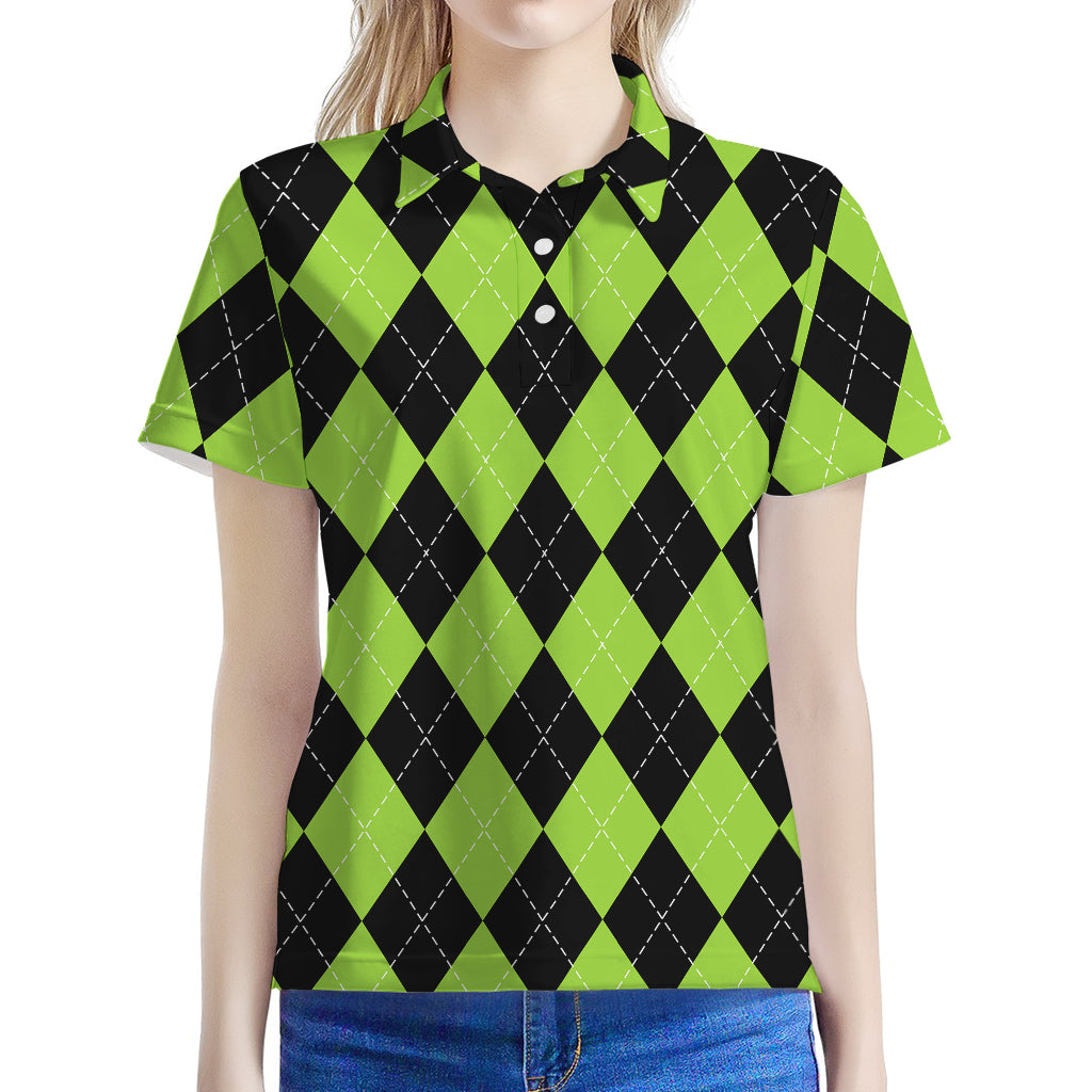 Black And Green Argyle Pattern Print Women's Polo Shirt