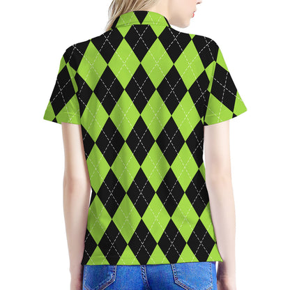 Black And Green Argyle Pattern Print Women's Polo Shirt