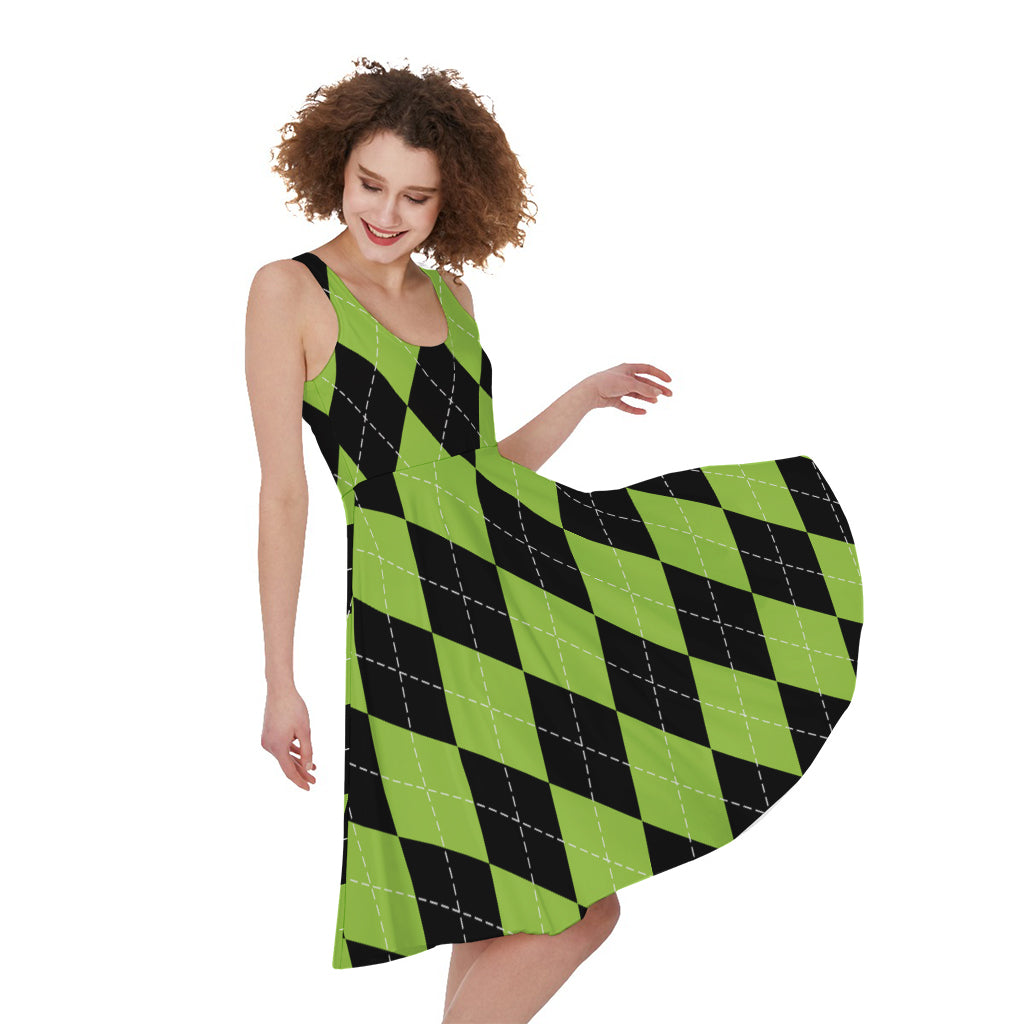 Black And Green Argyle Pattern Print Women's Sleeveless Dress