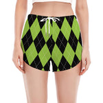 Black And Green Argyle Pattern Print Women's Split Running Shorts
