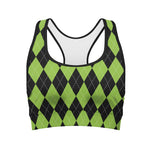 Black And Green Argyle Pattern Print Women's Sports Bra