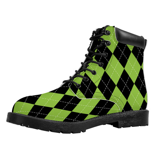 Black And Green Argyle Pattern Print Work Boots