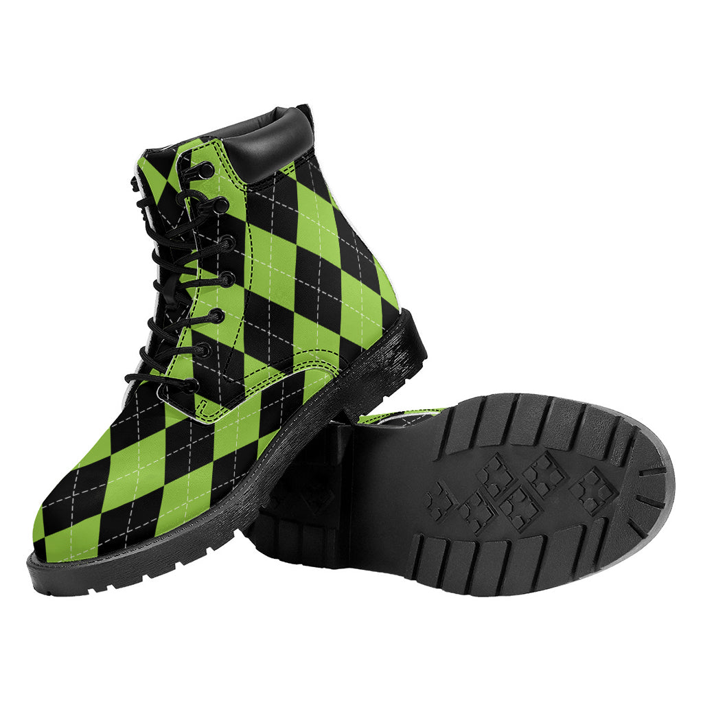 Black And Green Argyle Pattern Print Work Boots