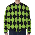 Black And Green Argyle Pattern Print Zip Sleeve Bomber Jacket