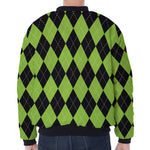 Black And Green Argyle Pattern Print Zip Sleeve Bomber Jacket