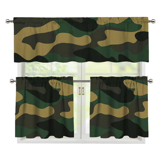 Black And Green Camouflage Print 3 Piece Kitchen Curtains
