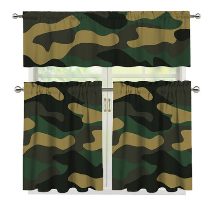 Black And Green Camouflage Print 3 Piece Kitchen Curtains