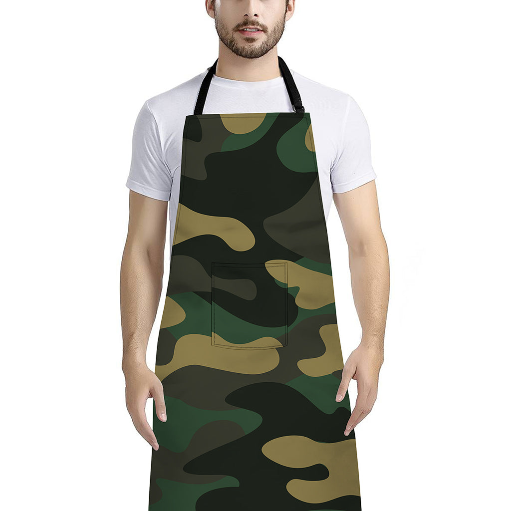 Black And Green Camouflage Print Bib Apron With Pocket
