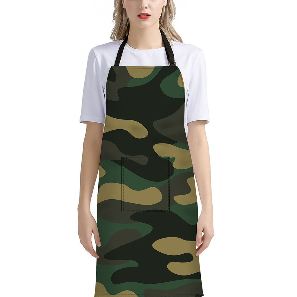 Black And Green Camouflage Print Bib Apron With Pocket