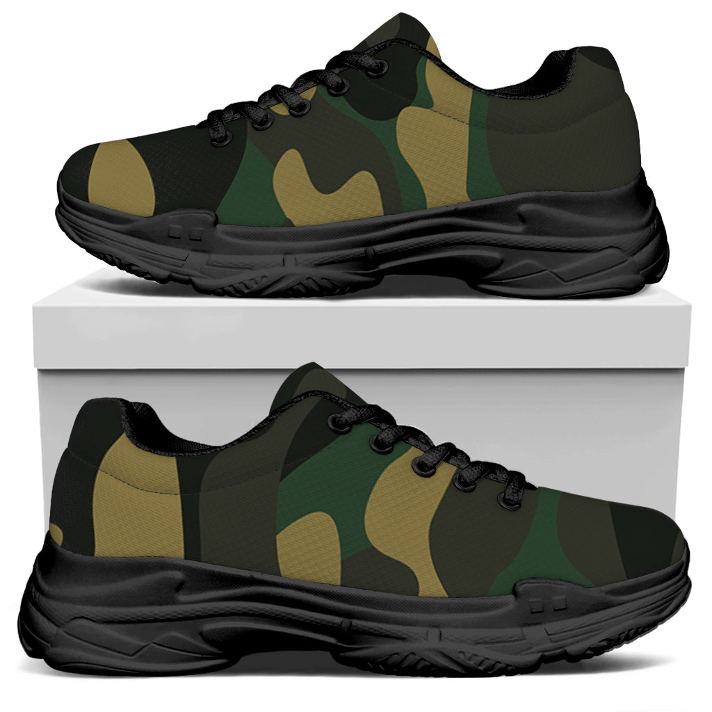 Black And Green Camouflage Print Black Chunky Shoes