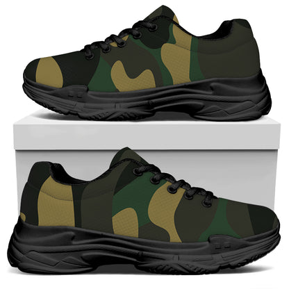 Black And Green Camouflage Print Black Chunky Shoes