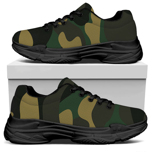 Black And Green Camouflage Print Black Chunky Shoes