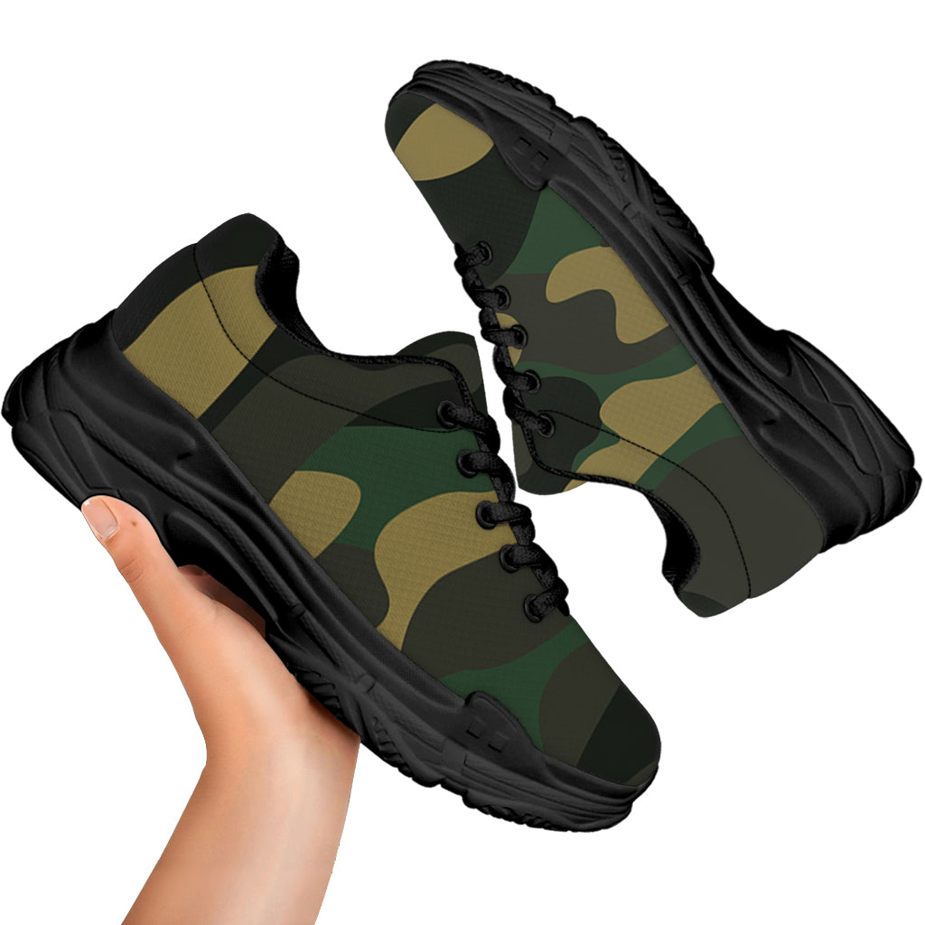 Black And Green Camouflage Print Black Chunky Shoes