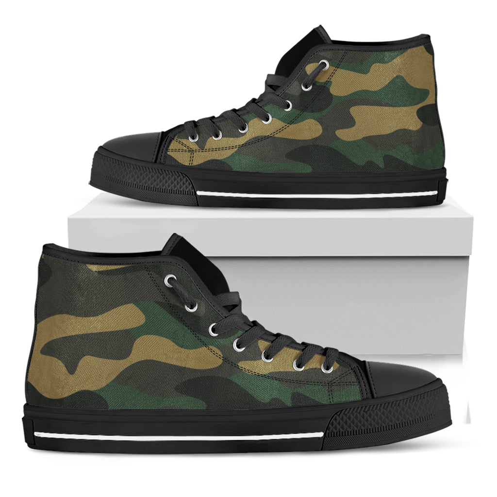 Black And Green Camouflage Print Black High Top Sneakers