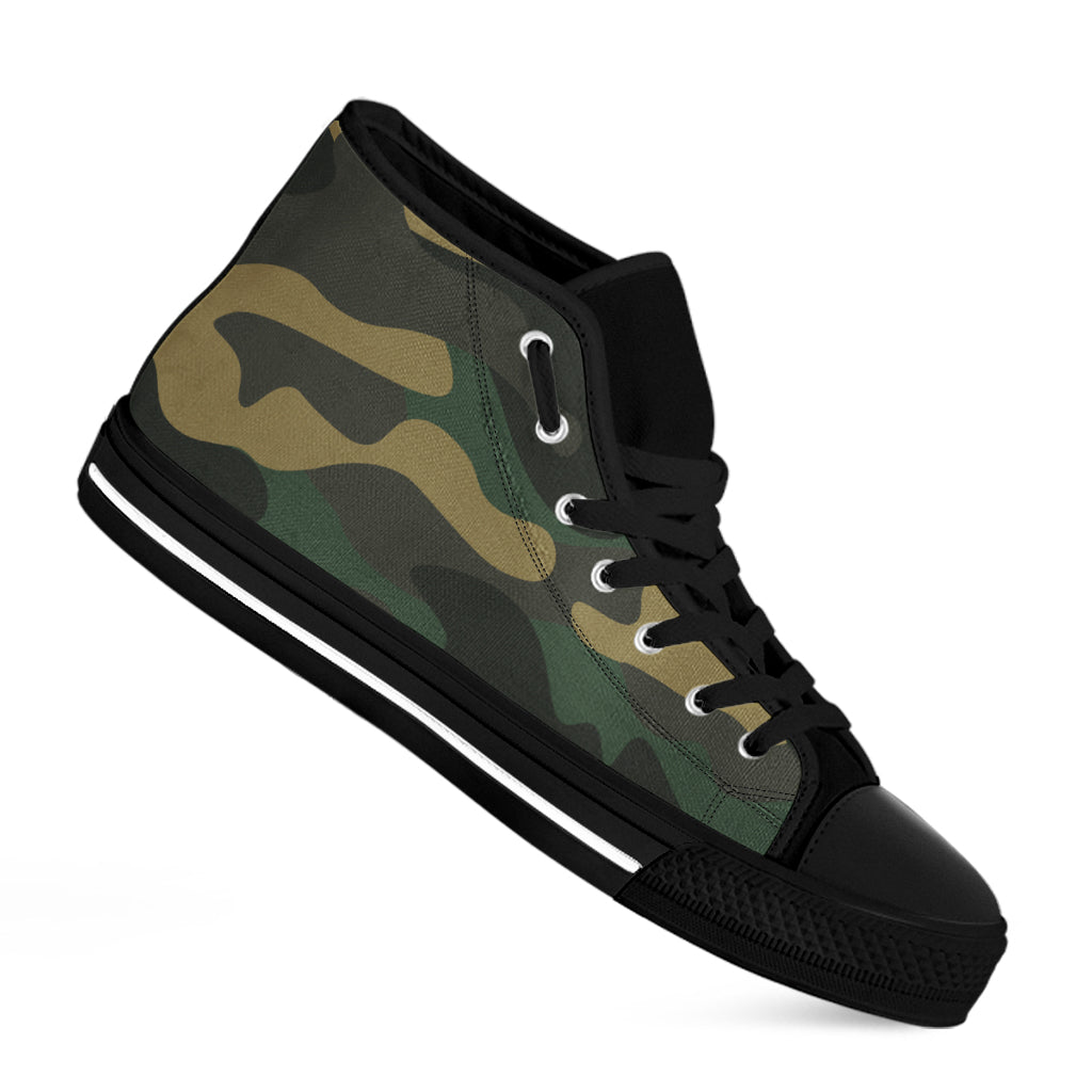 Black And Green Camouflage Print Black High Top Sneakers